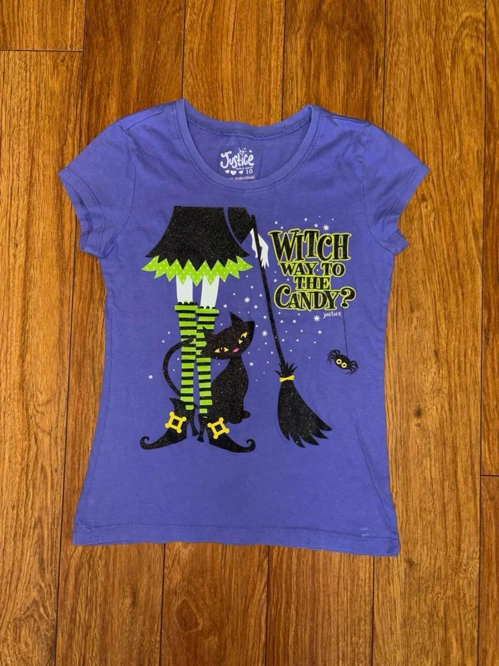 Y2K purple baby tee with cat and witch design